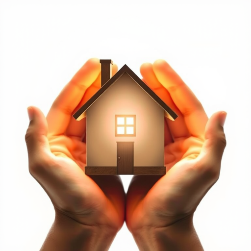 Create an ethereal image of a house encapsulated in glowing hands, soft focus, 50mm lens, f/1.8 aperture, ISO 100, natural lighting, against a white background, capturing a sense of protection and warmth.