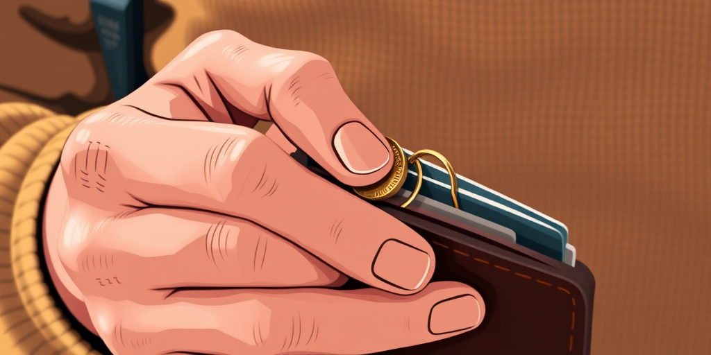 Generate an illustration of a person taking a coin from a wallet, close-up view with a focus on hands, use a Canon EOS R5 camera with a 50mm f/1.2 lens, aperture f/2.8, ISO 100, and natural light to enhance clarity and detail.