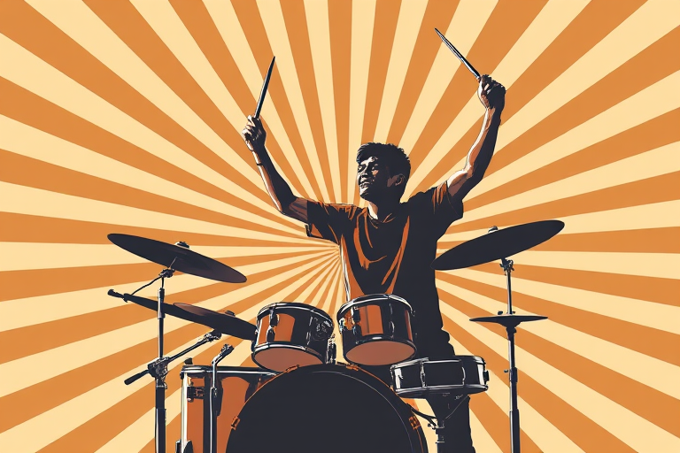Create an illustration of a drummer performing energetically with drumsticks raised, set against a radial striped background in shades of brown and beige, captured with a DSLR camera at f/5.6 aperture, ISO 100, 50mm lens for sharpness and vibrant colors.