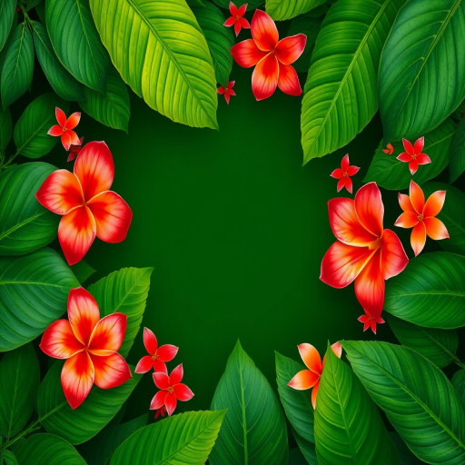 tropical foliage frame with vibrant flowers, deep green background, high-resolution, f/2.8 aperture, ISO 100, 35mm lens, top-down view, natural light, digital photography