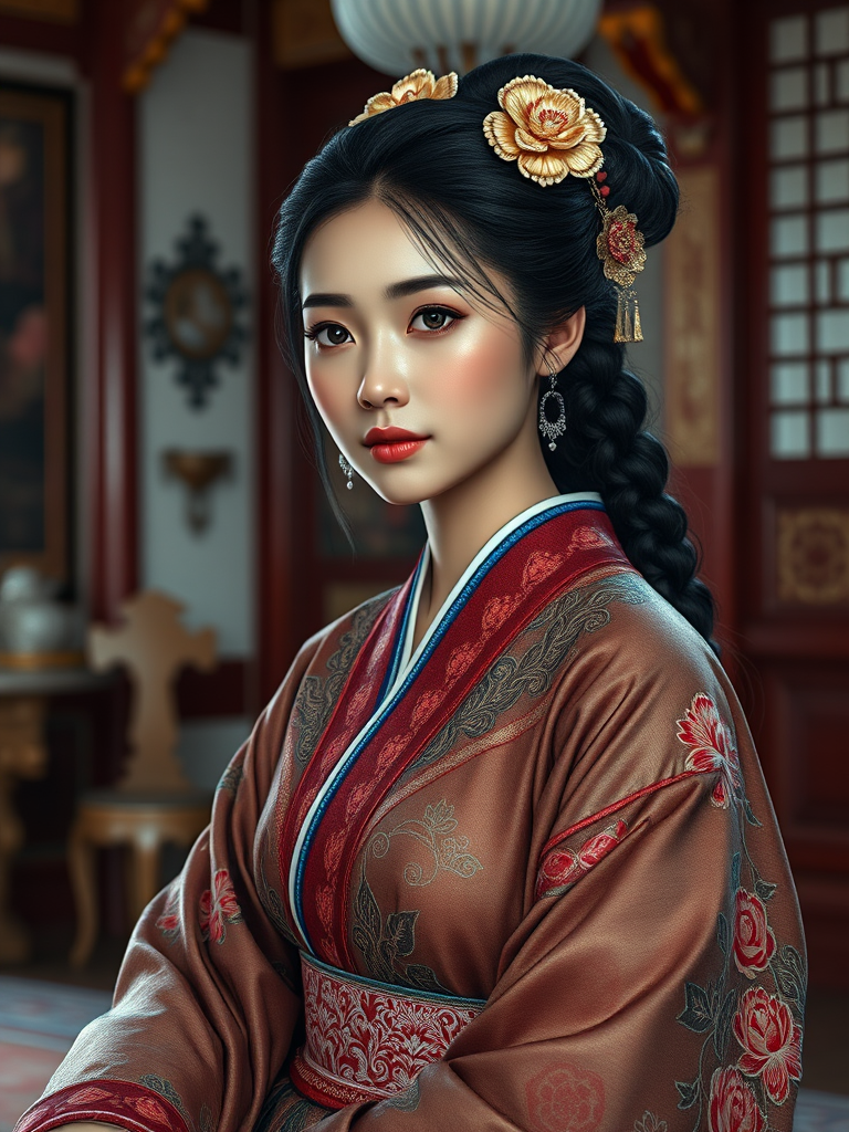 A beautiful Ryukyuan woman in traditional East Asian attire, intricately detailed with embroidered patterns, sitting gracefully in a richly decorated room, soft ambient lighting, serene and elegant, ultra-realistic, 8K resolution