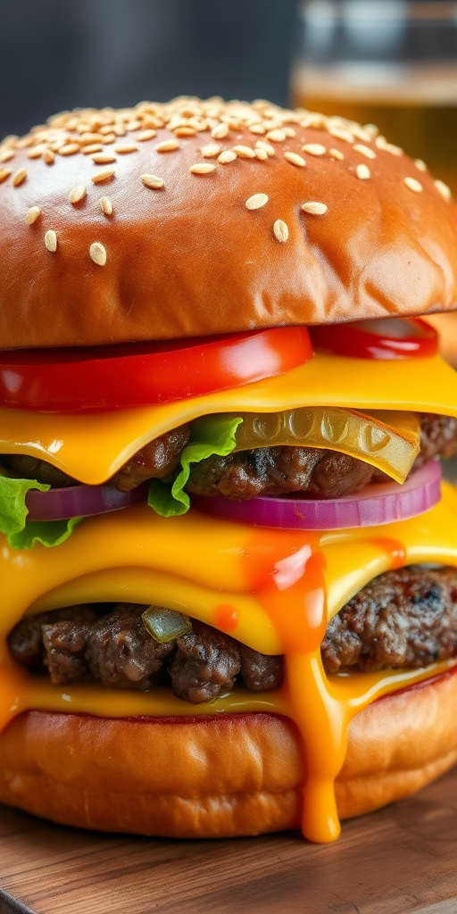 High-resolution, close-up image of a gourmet double cheeseburger. The burger features a glossy, sesame-seed-topped brioche bun. Inside, there are two thick, juicy beef patties, each topped with melted cheddar cheese. The burger is garnished with fresh lettuce, tomato slices, diced onions, and pickles. A generous amount of ketchup and a creamy, orange-colored sauce is dripping down the sides, adding to the mouth-watering appeal. In the background, there are blurred elements including a side of golden French fries and a hint of a beverage, enhancing the overall presentation of a delicious meal.