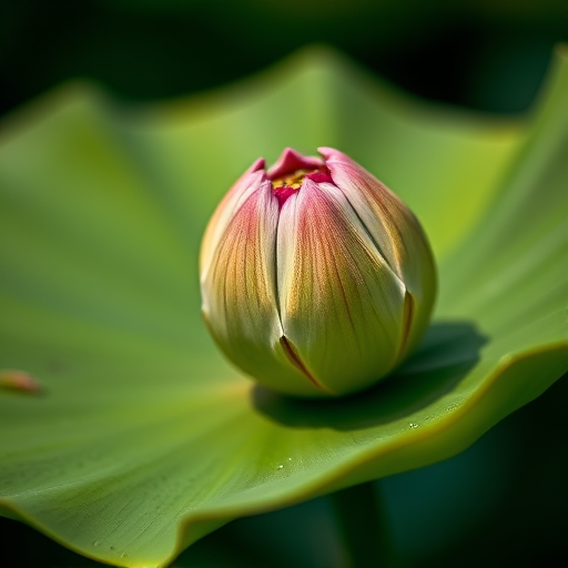close-up of a lotus seed pod on a green lily pad, shallow depth of field, 50mm f/1.8 lens, ISO 200, aperture f/2.8, natural light, DSLR camera