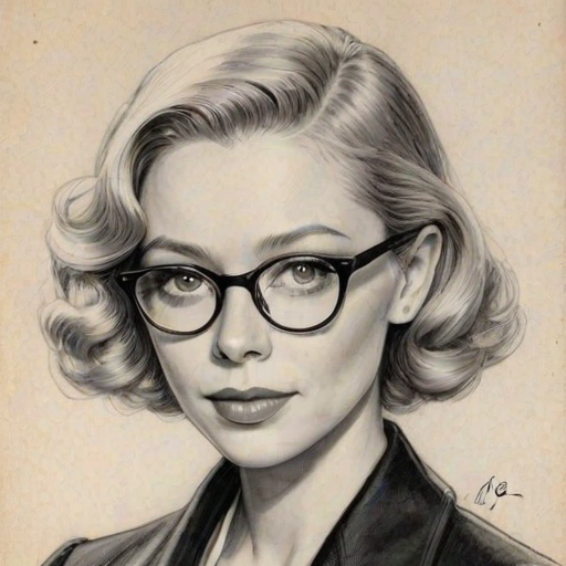 Exquisite Portia Doubleday, pencil sketch, portrait of Attractive woman 1930s in glasses, hair style beatnik, outline, clear lines, fine lines, 8k