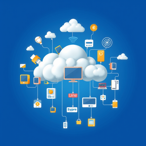 Create an illustration of a cloud computing concept with various connected smart devices and appliances against a solid blue background, using a high-resolution digital art style, captured with a wide-angle lens at f/4.0, ISO 100, 1/125 sec exposure, in a vibrant and modern aesthetic.