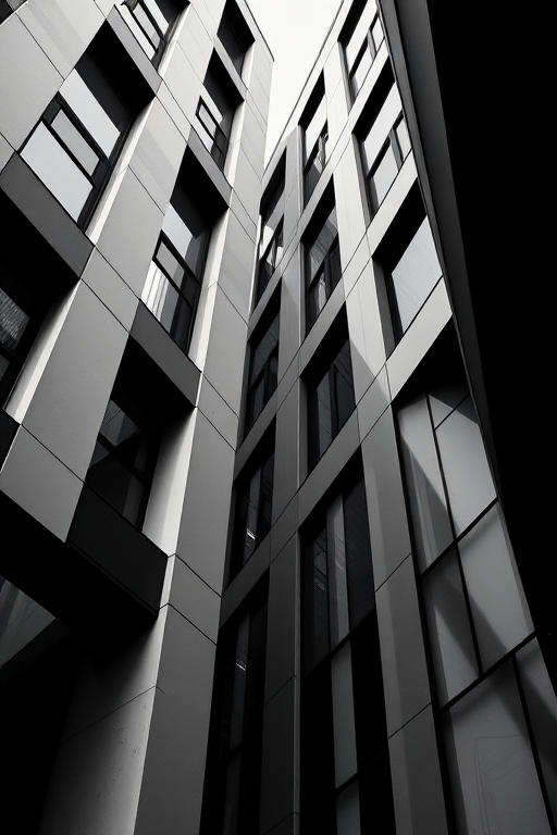 high-contrast black and white image of modern architecture with geometric shapes, soft natural light, shot with a Canon EOS R5, 50mm lens, f/8 aperture, ISO 100, 1/500 sec shutter speed, focus on asymmetrical building facades with sharp angles and reflections.