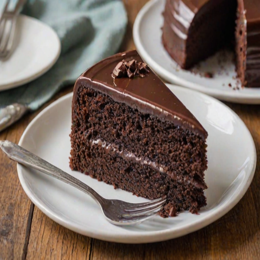 Generate an image of a rich chocolate cake with a glossy chocolate ganache topping. The cake slice should be displayed on a white plate with a silver fork next to it, showcasing a bite taken out of the slice. The texture of the cake should appear moist and decadent.