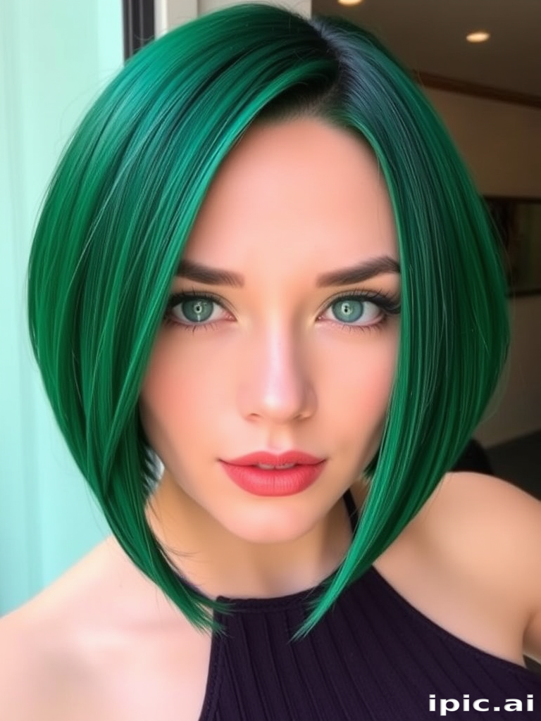 Richly pigmented emerald green tresses styled in a sleek, chin-length bob dubbed "Enchanted Forest," showcase a razor-sharp precision cut with blunt ends, featuring a glossy finish that reflects light beautifully, creating an eye-catching and sophisticated appearance
