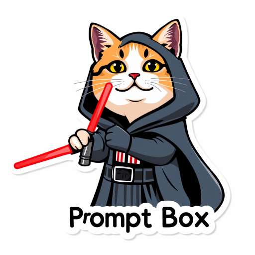 Sticker design, content cat wearing a  Dartvader  robe and holding red  lightsaber, promoting a message with the words "Prompt Box", flat bright colors, isolated on a white background, illustration