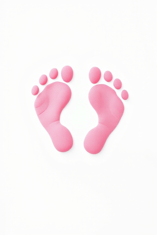 Create a high-resolution digital illustration of pink baby footprints on a white background, using a DSLR camera style with a 50mm lens, aperture set to f/2.8, ISO 100, and a shallow depth of field to enhance the contrast and detail of the footprints.
