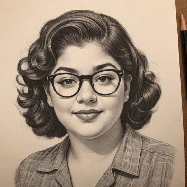 Lovely Raini Rodriguez, pencil sketch, portrait of Alluring woman 1943s in glasses, hair style beatnik, outline, clear lines, fine lines, 8k
