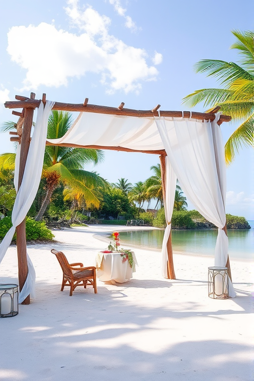 Create a picturesque tropical beach scene featuring a serene, white sandy shore. In the foreground, there's a rustic wooden canopy with white drapes gently flowing in the breeze. Underneath the canopy, a table is set with tropical decor, evoking a sense of relaxation and leisure. The beach extends into a calm, shallow water area with reflections of the sky and surroundings. Palm trees and lush greenery line the edge of the beach, providing a natural, tropical backdrop. The sky is clear with a few scattered clouds, and the overall atmosphere is tranquil and inviting, perfect for a peaceful retreat.