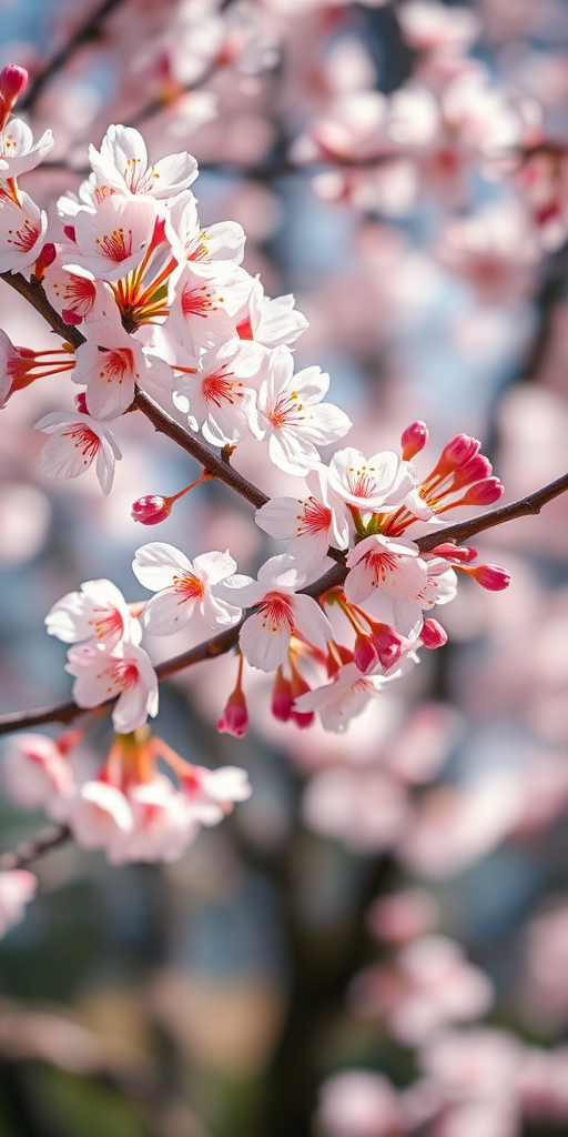 capture a close-up of cherry blossom branches in full bloom with a soft-focus background, using a Canon EOS R5 camera with a 50mm lens, aperture set to f/2.8, ISO 100, shutter speed 1/200s, and natural sunlight for bright, vibrant colors