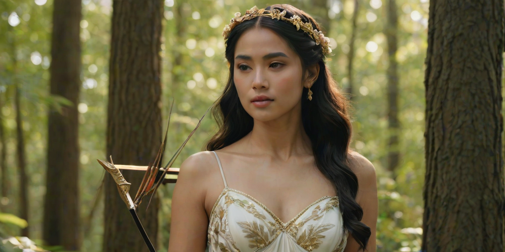 Create a portrait of a goddess-like Malay girl figure in a tranquil, forested environment. She has an elegant appearance with long, wavy hair styled in an updo and adorned with a delicate, floral headband. She wears a flowing, ancient Greek-inspired gown in a soft, pale color, featuring a one-shoulder design and draped fabric that accentuates her graceful form. The outfit includes a decorative belt with ornate gold detailing, and she holds a bow in her hand, with a quiver of arrows slung over her shoulder. The background depicts lush greenery, with sunlight filtering through the trees, casting a gentle, ethereal light on the scene. Her expression is calm and contemplative, embodying a sense of wisdom and serenity.