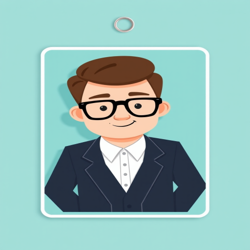 Create a high-resolution digital ID card design featuring a cartoon character with glasses and a suit, centered on a smooth turquoise background, use a flat design style, camera settings ISO 100, f/5.6, 1/200s, camera view top-down, camera type DSLR.