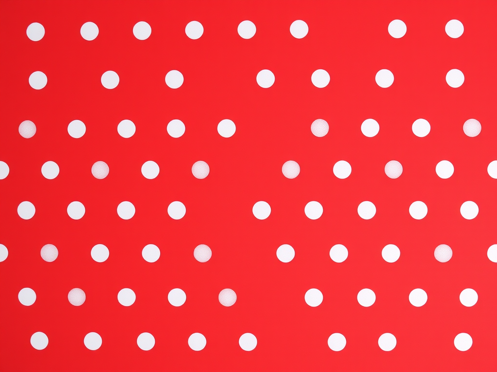 Generate an image of a red background filled with evenly spaced white polka dots, camera settings: aperture f/4, ISO 100, shutter speed 1/60 sec, camera view straight-on, camera style vibrant color, camera type DSLR.