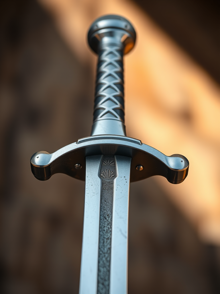 Create a high-resolution image of a silver sword with a detailed hilt, using a Canon EOS R5 camera, 50mm lens, f/1.8 aperture, 1/200 sec shutter speed, and natural lighting for a polished look.