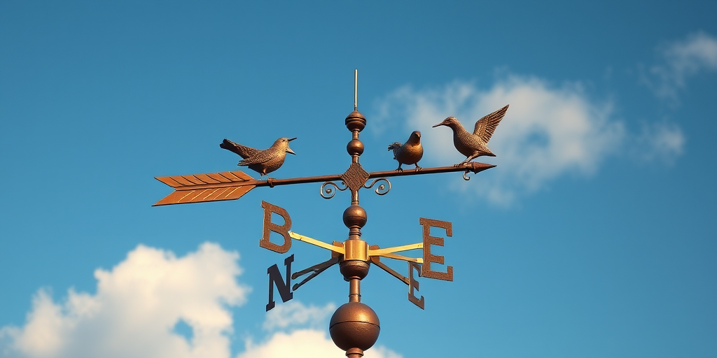 Create a highly detailed illustration of a decorative weathervane featuring birds and clouds in a clear blue sky, captured using a DSLR camera with a 50mm lens, aperture set to f/1.8, ISO 100, captured from a low angle to enhance depth and perspective.