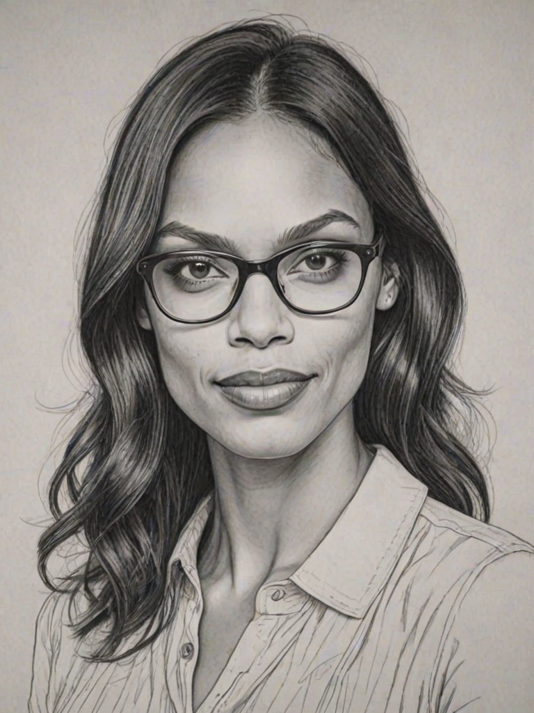 Sublime Rosario Dawson, pencil sketch, portrait of Lovely woman 1925s in glasses, hair style beatnik, outline, clear lines, fine lines, 8k