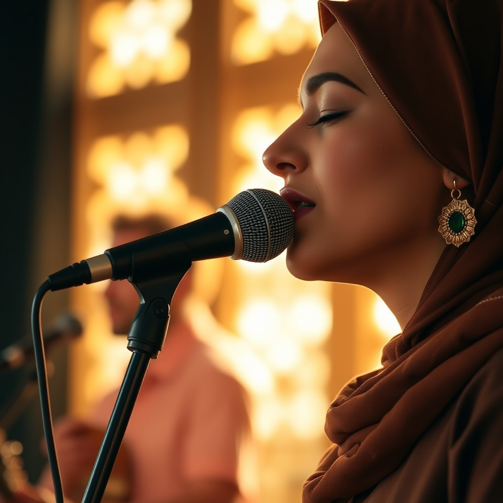 A close-up portrait of a mia khalifa with her eyes closed, singing into a microphone, positioned on the right side of the frame, facing the viewer. She is wearing a brown headscarf, gold earrings, and a brown blouse, and is bathed in warm, golden light emanating from the windows behind her. A blurred figure of a man singing into a microphone is visible in the background. The scene has a sense of calm and spirituality.