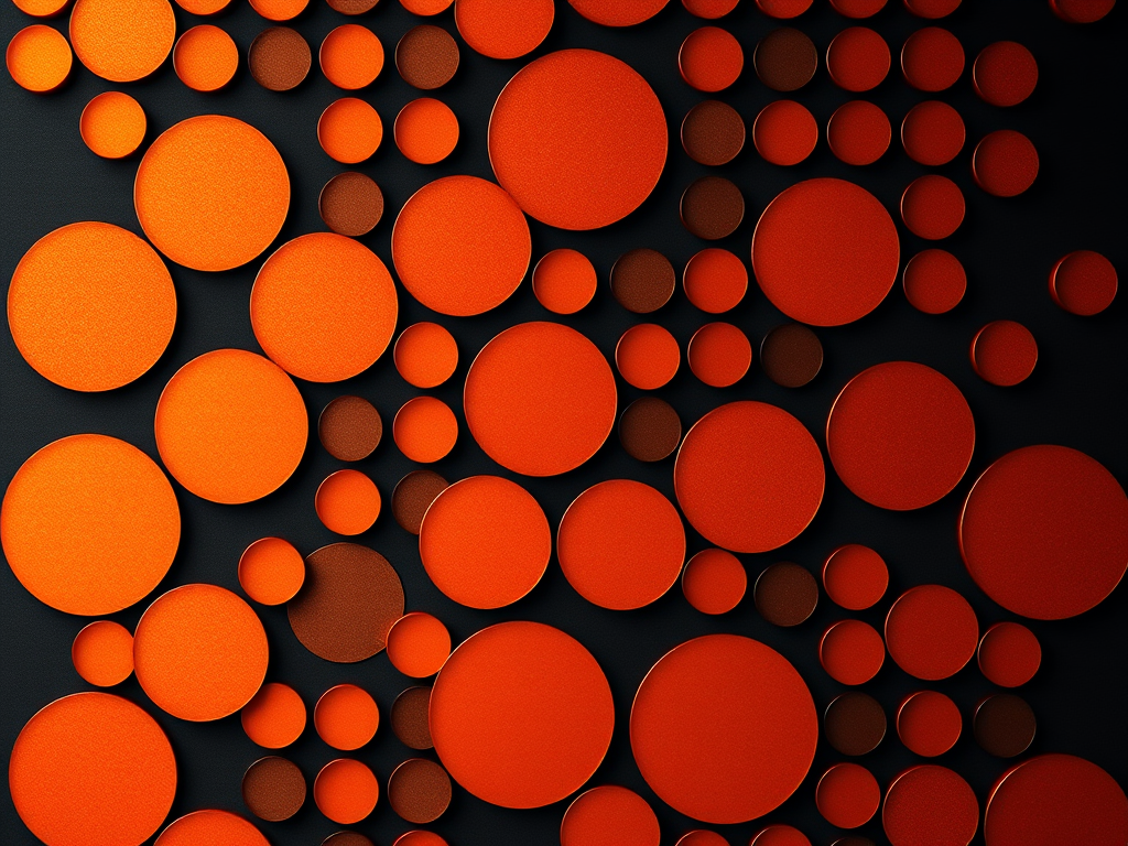 Create a high-resolution image of a grid of circular patterns in varying shades of orange and gold on a dark background, using a mirrorless camera with a 50mm lens, aperture set to f/2.8, ISO 200, and shutter speed of 1/60s, shot from a top-down view with soft diffused lighting for enhanced texture and detail.