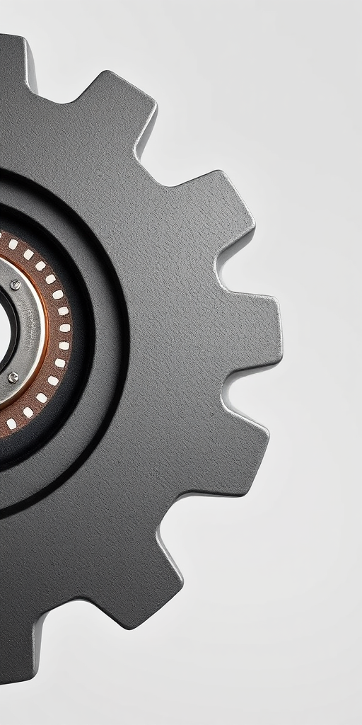 create a detailed illustration of a large gear icon set against a light grey background, with a soft shadow effect to give depth, taken with a DSLR camera at f/4 aperture, ISO 100, 1/125 shutter speed, in a macro view style to enhance the texture and details of the gear.