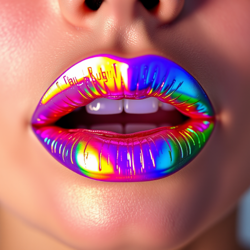 Dazzling holographic lips shift colors with every movement, creating a mesmerizing rainbow effect that captivates viewers and pushes the boundaries of lip artistry