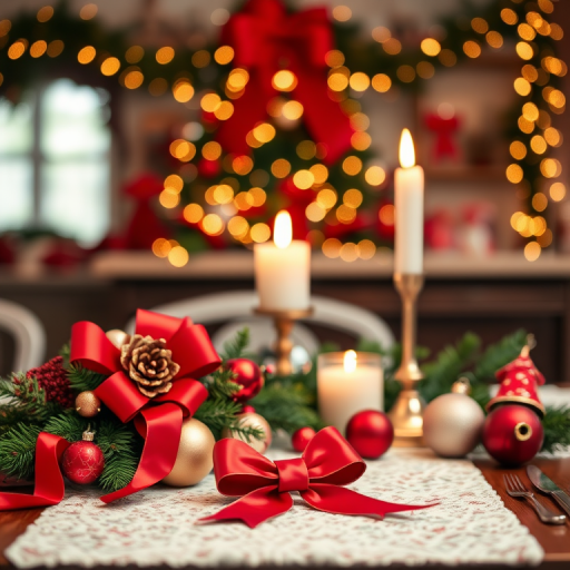 Generate a festive Christmas scene featuring a decorated table with a red bow, candles, ornaments, and greenery, shot with a DSLR camera at f/2.8, ISO 100, 1/125s, in a wide-angle view and bokeh effect for enhanced background blur.