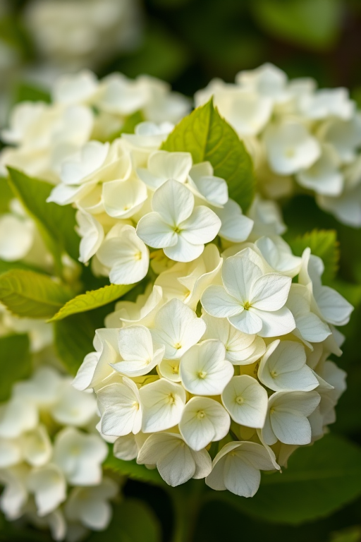 a close-up shot of white hydrangea flowers with vibrant green leaves, taken with a Canon EOS R5, 50mm lens, f/1.8 aperture, ISO 100, soft natural lighting, with a shallow depth of field to create a blurred background and enhance focus on the flowers