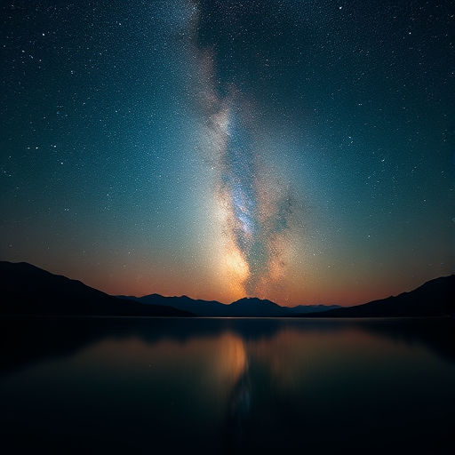 capture a night sky with the Milky Way over a calm lake, using a Canon EOS R, 24mm lens, f/2.8 aperture, ISO 1600, 20-second exposure, from a low angle perspective to foreground the water and reflections, ensuring sharp focus and vibrant colors