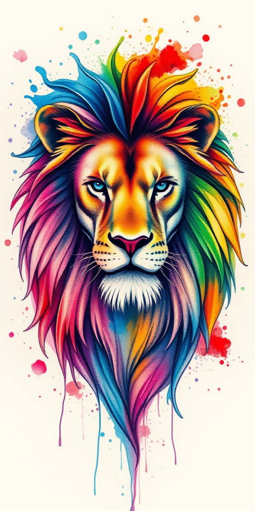 Watercolor splash tattoo depicting a majestic lion with a flowing mane of vibrant rainbow hues, seamlessly blending realism and abstract expressionism for a stunning artistic piece