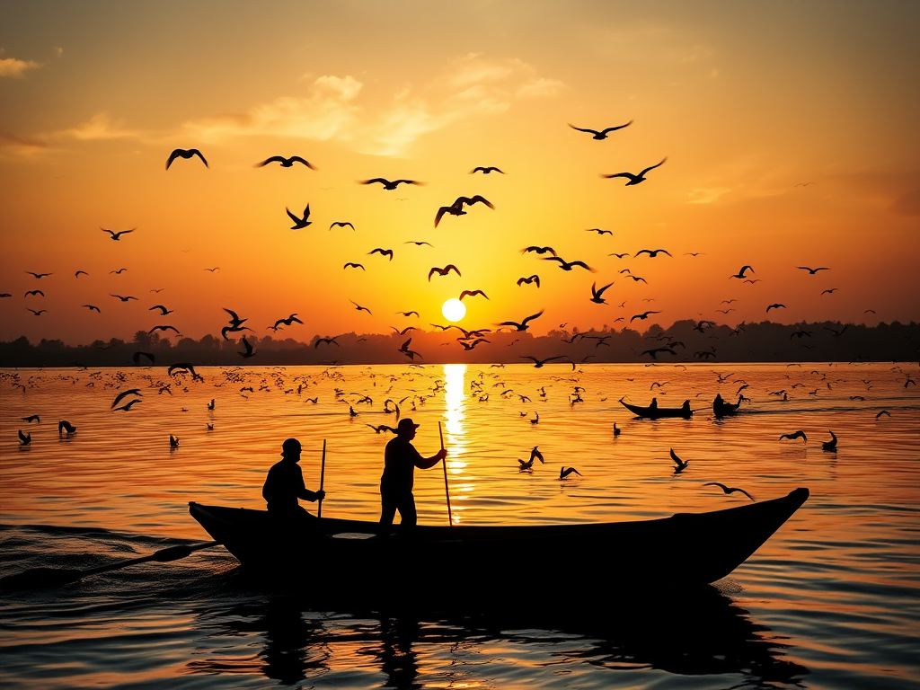 capture a serene sunset over a river with silhouetted fishermen on a boat, flocks of birds in flight and on the water, warm golden hues reflecting on the surface, ISO 200, f/8, 1/200 sec, wide-angle lens, DSLR camera, landscape orientation