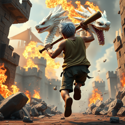 Cartoon 3D High-Resolution,dynamic battle scene using Unreal Engine 5 and Octane Render. The scene features back of an elderly, thai man with a beard,messy hair and round golden-rimmed glasses. He is wearing a tattered tank top with soot marks, shorts, and sandals. sweating. he wields a baseball bat. He jump to fight with a white fire-breathing Europe dragon amidst a partially destroyed stone castle. Include intense flames, smoke, and debris to enhance the dramatic effect.