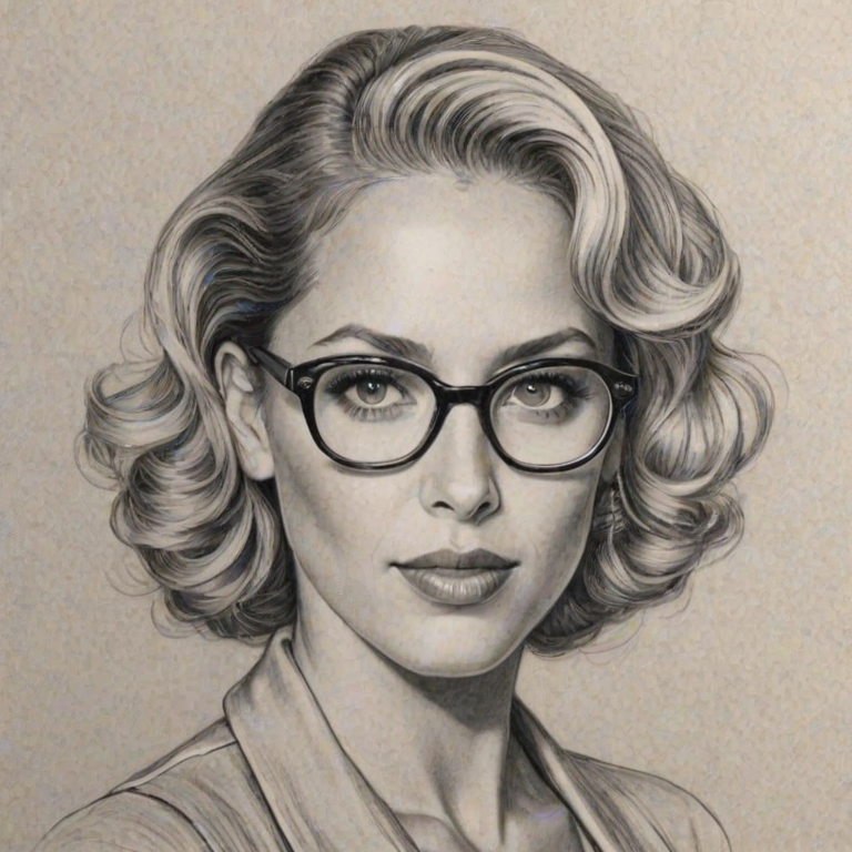 Dazzling Elizabeth Berkley, pencil sketch, portrait of Superb woman 1935s in glasses, hair style beatnik, outline, clear lines, fine lines, 8k