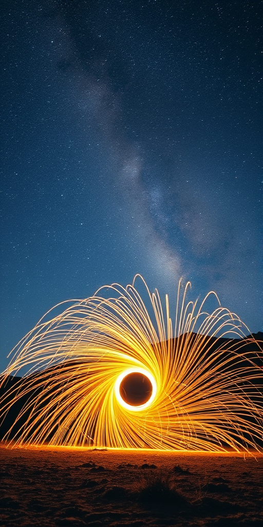 Create a long exposure photo of a spinning steel wool fire show under a starry night sky with the Milky Way visible, set the camera at ISO 800, f/8, and a shutter speed of 30 seconds using a full-frame DSLR camera, wide-angle lens, and a low angle view to capture the vibrant light trails and majestic mountain backdrop.