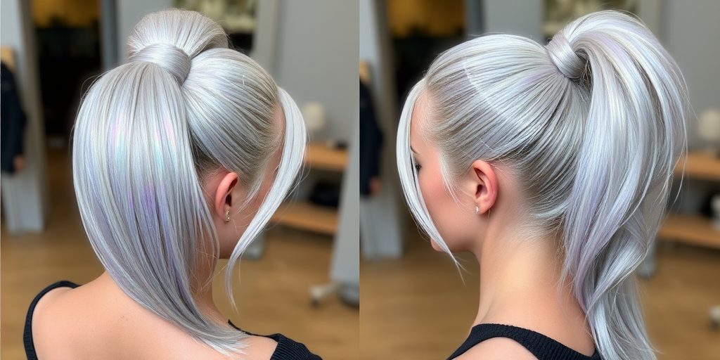Holographic silver hair styled in a sleek high ponytail with wrapped sections, named "Futuristic Elegance" look, showcasing a mirror-like shine and seamless blending