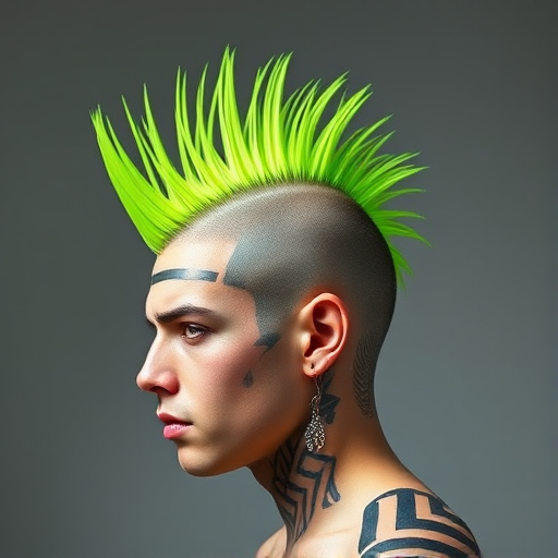 Rebellious neon green mohawk with shaved sides featuring intricate geometric patterns, styled in a gravity-defying spiky formation for maximum impact