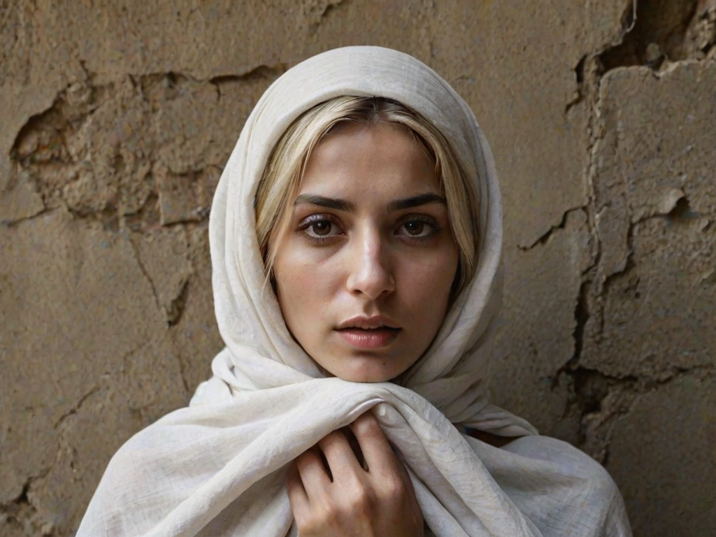 Create a close-up photographic image of a Armenian woman with light skin tones shown against an old, worn wall. Their head is wrapped in a white cloth covering (i.e.... parts of the head except the nose and mouth, which are open as if they are screaming...), with a slight texture and visible folds in the fabric. Thin strands of blonde hair escape from the wrapping above, falling lightly at the top and sides. Their hands hold the fabric as if they are tugging nervously. The lighting is dramatic and even, casting strong shadows. The image has a minimalist and surreal style with an emphasis on simplicity with soft color tones. The composition is centered.
