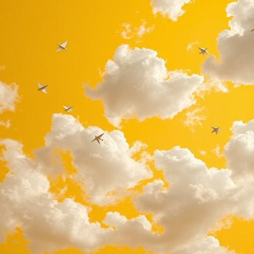 Generate a vibrant yellow sky filled with fluffy white clouds and small paper airplanes flying across the scene, shot with a Canon EOS R5 at f/4, ISO 100, 1/250s, in wide-angle view, using a high dynamic range style.