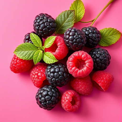 Create a high-resolution illustration of raspberries and blackberries on a vibrant pink background, using a DSLR camera, 50mm lens, aperture f/2.8, ISO 100, shot in natural light to enhance color and detail.