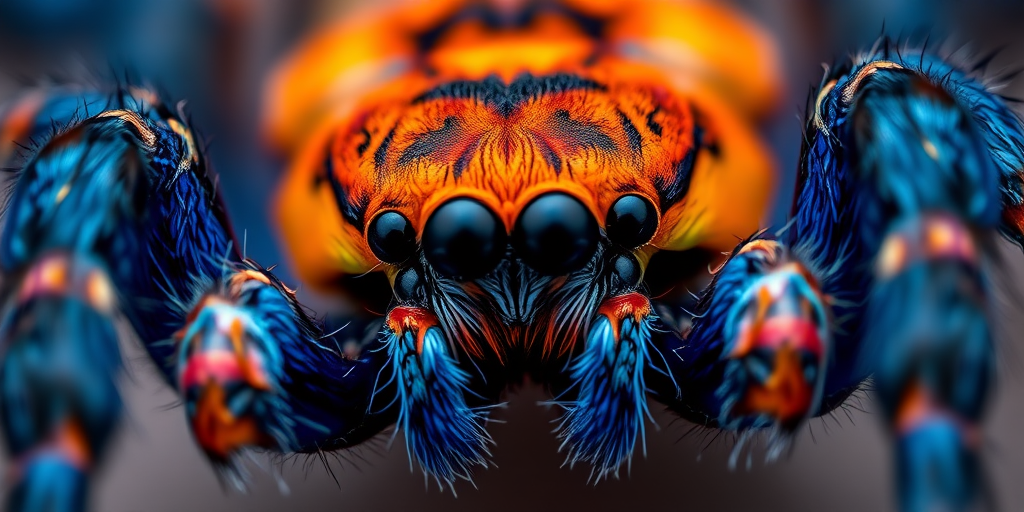 close-up macro shot of a vibrant, detailed spider with a textured blue and orange body, photographed using a Canon EOS 5D Mark IV with a 100mm f/2.8L macro lens, aperture set to f/8, ISO 200, shutter speed 1/200 sec, with a shallow depth of field and soft bokeh background to enhance texture and clarity