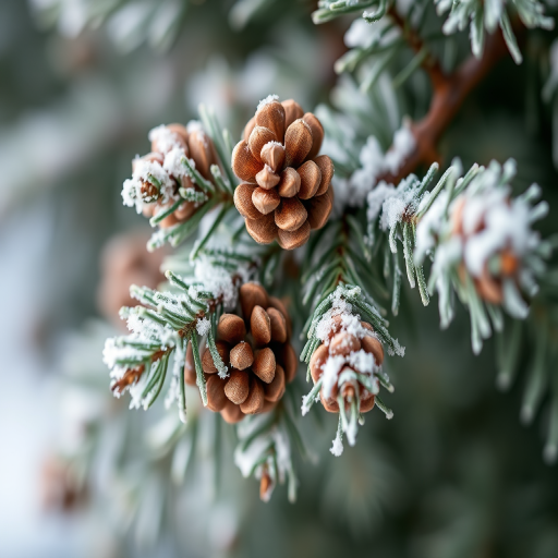 frosted pine branches with cones, macro shot, shallow depth of field, ISO 200, aperture f/2.8, 50mm lens, natural lighting, DSLR camera, focus on textures and details