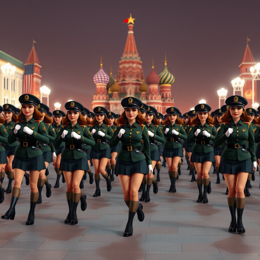 Cartoon 3D Military parade in Red Square in Moscow with military women wearing short skirts.