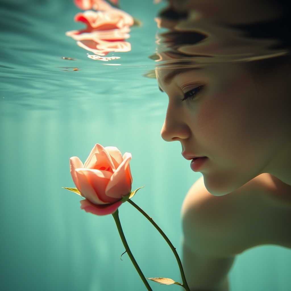 A woman underwater, gazing at a rose Her face is reflected in the water's surface The scene is illuminated by sunlight filtering through the water The atmosphere is serene and contemplative