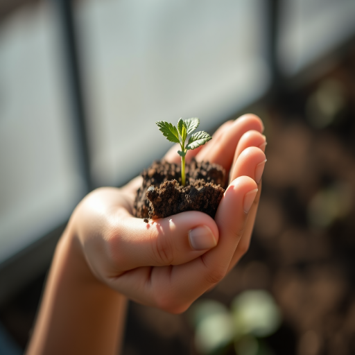 Capture a close-up image of a hand holding a small plant with soil, natural lighting, shallow depth of field, aperture f/2.8, ISO 200, 50mm lens, DSLR camera.
