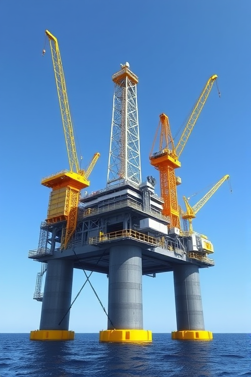 Create a highly detailed 3D rendering of an offshore oil rig with vibrant yellow cranes, showcasing intricate structural elements, high-resolution, shot with a DSLR camera at f/8 aperture, ISO 100, 24mm lens, in wide-angle view to capture the entire rig against a clear blue sky.