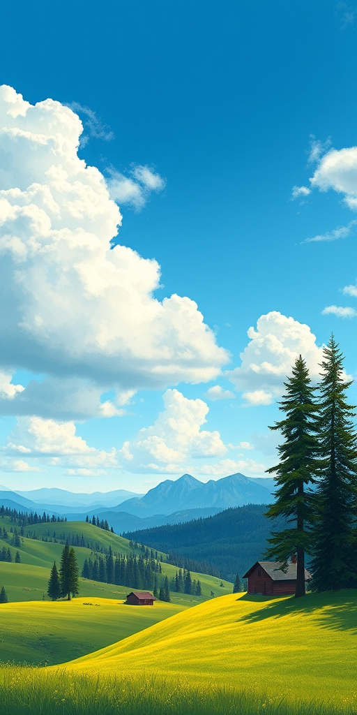 Create a vibrant landscape illustration featuring lush green rolling hills under a bright blue sky with soft, fluffy clouds, include tall evergreen trees, distant mountains, and a small cabin, use a Canon EOS R5 camera settings of f/8 aperture, ISO 100, shutter speed 1/250 sec, view at eye level, in a realistic painting style.