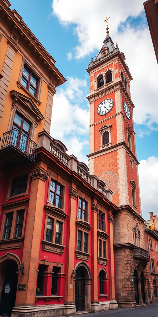 Regenerate an image of a historic building with a tall clock tower, captured with a Canon EOS R5 at f/8, ISO 100, 24mm focal length, shot in HDR mode from a wide-angle perspective, emphasizing the architectural details and vibrant colors.