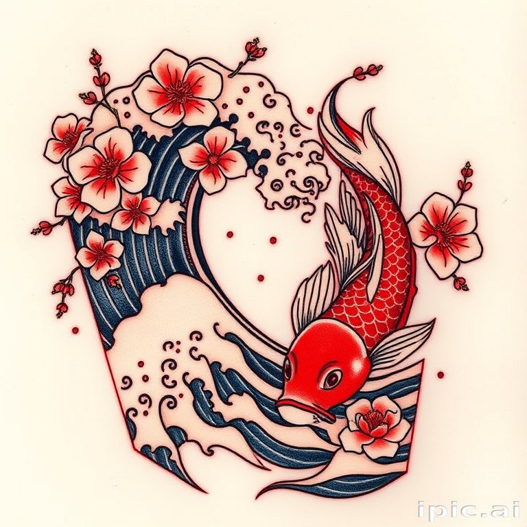 Japanese-inspired "Irezumi Waves" tattoo featuring bold, flowing lines and traditional motifs, incorporating koi fish and cherry blossoms in rich, saturated colors
