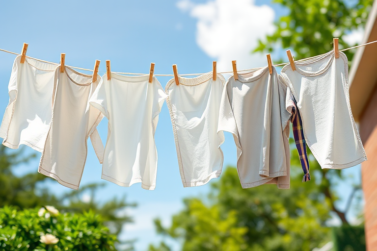 Generate an illustration of laundry hanging on a clothesline with a focus on detail and texture, set with a 50mm lens at f/2.8, ISO 100, in natural lighting, using a DSLR camera to enhance image quality.